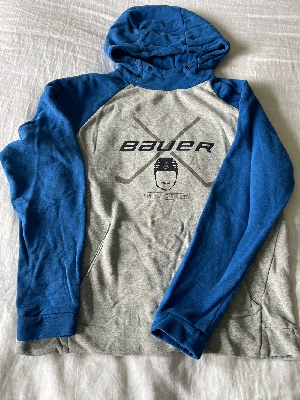 Bauer Youth Medium Hooded Raglan Spittin Chiclets Hoodie- Gray & Blue